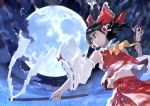 1girl armpits ascot bob_(biyonbiyon) bow brown_eyes brown_hair clouds detached_sleeves frown full_moon gohei hair_bow hair_tubes hakurei_reimu highres moon moonlight night night_sky nontraditional_miko outstretched_arm parted_lips payot red_bow red_skirt short_hair skirt sky solo star_(sky) touhou 