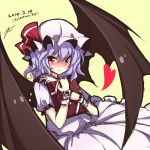  1girl blush dress happy_valentine hat hat_ribbon heart holding holding_gift incoming_gift large_wings lavender_hair looking_at_viewer pink_dress red_eyes remilia_scarlet ribbon short_hair solo touhou ugume wavy_hair wings 