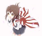  1girl :d backlighting brown_eyes brown_hair flag folded_ponytail inazuma_(kantai_collection) kantai_collection looking_at_viewer open_mouth petals rising_sun smile solo toma_(shinozaki) white_background 