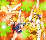  3girls :o alternate_form blonde_hair blue_skirt bow bowtie brooch cure_honey hair_bow happinesscharge_precure! henshin highres jewelry kicking long_hair magical_girl multiple_girls multiple_persona oomori_yuuko popcorn_cheer precure skirt smile twintails upside-down wand wrist_cuffs yellow_eyes yellow_skirt yuto_(dialique) 