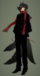  1boy black_hair black_legwear black_shirt black_shoes cherry_blossoms floral_print fox_mask fox_tail highres japanese_clothes looking_up mask multiple_tails original popokuri red_scarf scarf school_uniform short_hair simple_background solo standing tagme tail 