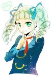  1girl aikatsu! aqua_eyes drill_hair fang finger_to_mouth green_eyes hair_ribbon long_hair ribbon school_uniform smile solo toudou_yurika twin_drills yuu_(1197159) 