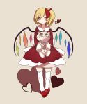  1girl alternate_costume blonde_hair crystal dress expressionless flandre_scarlet heart heart_background kneehighs looking_at_viewer mary_janes red_dress red_eyes rya_(aptkz_11) shoes short_hair side_ponytail simple_background slit_pupils solo stuffed_animal stuffed_toy teddy_bear touhou wings 