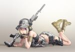  1girl american_flag assault_rifle battle_rifle blonde_hair camouflage combat_boots glock gloves gun handgun hat kws load_bearing_vest looking_at_viewer m14 military military_uniform mk_14_mod_0_ebr original rifle shorts solo suppressor uniform violet_eyes weapon 