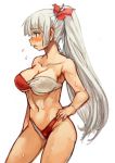  1girl bikini blush bow breasts cleavage fujiwara_no_mokou full-face_blush hair_bow hand_on_hip long_hair navel parted_lips ponytail red_eyes rough sachito silver_hair simple_background solo swimsuit touhou very_long_hair white_background 