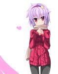  1girl black_legwear blush_stickers closed_mouth hairband hands_on_own_chest heart impossible_clothes komeiji_satori looking_at_viewer pantyhose pink_sweater purple_hair red_eyes sakamina scarf short_hair solo standing sweater_dress tight_pants touhou 