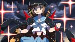  1girl banchou blue_skirt bracelet brass_knuckles brown_eyes brown_hair cerasus coat_on_shoulders hat highres jewelry kill_la_kill mace mankanshoku_mako midriff navel school_uniform serafuku short_hair skirt spiked_bracelet spikes weapon 