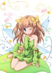  1girl ;) aqua_eyes bare_legs bare_shoulders barefoot blue_wings blush butterfly butterfly_hair_ornament character_request chigusa collarbone copyright_request detached_sleeves dress fairy fairy_wings finger_to_face frilled_sleeves green_dress hair_ornament light_brown_hair long_hair looking_at_viewer petals plush red_ribbon ribbon rose_petals short_twintails sitting smile solo strapless_dress stuffed_animal stuffed_toy teddy_bear transparent_wings twintails wings wink yellow_ribbon 
