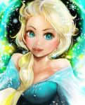  1girl bare_shoulders blonde_hair blue_eyes braid breasts cleavage elsa_(frozen) frozen_(disney) kazaana lips long_hair looking_at_viewer smile solo 