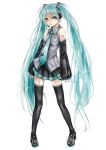  1girl aqua_eyes aqua_hair blacksio boots detached_sleeves hatsune_miku headset highres long_hair nail_polish necktie pigeon-toed skirt solo thigh-highs thigh_boots twintails very_long_hair vocaloid white_background 