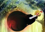  1girl bird black_dress blonde_hair commentary_request darkness dress fang flying forest hair_ribbon long_sleeves nature open_mouth red_dress ribbon rumia shirt smile solo suisai touhou 