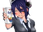  alcohol beer beer_can blue_hair blush drunk eyepatch fingerless_gloves gloves highres kantai_collection necktie orion_beer sharp_teeth sweater tenryuu_(kantai_collection) yellow_eyes 