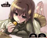  1girl barefoot brown_eyes brown_hair hyuuga_(kantai_collection) kantai_collection open_mouth potato_chips ribbed_sweater short_hair skirt solo sweater tokita_monta 