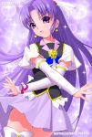  1girl amane_satsuki arm_warmers brooch character_name copyright_name crossed_arms cure_fortune earrings hair_ornament hairpin happinesscharge_precure! hikawa_iona jewelry light_particles long_hair magical_girl precure purple purple_background purple_hair purple_skirt skirt solo sparkle violet_eyes 