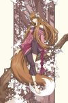  1girl animal_ears art_nouveau artist_name branch brown_hair cinnamoron flower holo long_hair red_eyes sitting smile solo spice_and_wolf tail watermark web_address wolf_ears wolf_tail 