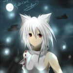  1girl animal_ears bare_shoulders breasts detached_sleeves full_moon inubashiri_momiji looking_away moon night no_hat red_eyes scar short_hair signature silver_hair solo touhou translation_request wolf_ears 