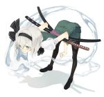  1girl bent_over black_legwear blue_eyes hair_ribbon haya_kewi katana konpaku_youmu konpaku_youmu_(ghost) looking_at_viewer pantyhose puffy_sleeves ribbon shirt short_sleeves silver_hair skirt skirt_set smile solo sword touhou vest weapon 