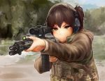  1girl aiming alternate_costume assault_rifle brown_eyes brown_hair camouflage chris_costa flashlight genso gun headset kaga_(kantai_collection) kantai_collection load_bearing_vest m4_carbine mark_18_cqbr multiple_girls parody personification real_life rifle short_hair side_ponytail solo weapon 