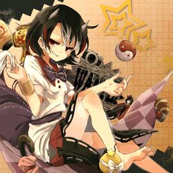  1girl black_hair bow camera doll hisona_(suaritesumi) horns impossible_spell_card kijin_seija looking_at_viewer mallet multicolored_hair orb parasol red_eyes short_sleeves sitting smirk solo star tagme touhou umbrella yin_yang 