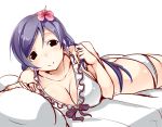  1girl ajishio bed bikini blush green_eyes hair_down long_hair looking_at_viewer love_live!_school_idol_project lying on_stomach purple_hair smile solo swimsuit toujou_nozomi 