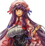  1girl adapted_costume breasts crescent hair_ribbon hat large_breasts long_hair looking_away patchouli_knowledge purple_hair ribbon rough sachito simple_background solo touhou violet_eyes white_background 