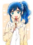  1girl aikatsu! alternate_costume blue_eyes blue_hair food fork fruit hair_ribbon kiriya_aoi long_hair open_mouth ribbon side_ponytail smile solo strawberry yuu_(1197159) 