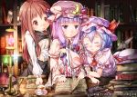  3girls ascot bat_wings blush book book_stack bookshelf brooch capelet closed_eyes crescent cup desk dress feathers hair_ribbon hat hat_ribbon head_wings jewelry koakuma lamp long_sleeves mob_cap multiple_girls open_clothes open_coat open_mouth patchouli_knowledge pink_dress purple_hair red_eyes redhead remilia_scarlet ribbon shirt short_sleeves skirt skirt_set smile striped striped_dress sugiyuu teacup touhou tress_ribbon vest violet_eyes wide_sleeves wings wrist_cuffs 