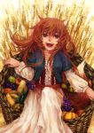  1girl animal_ears apple basket brown_hair food fruit grapes highres hiro150106 holo long_hair mango pear pineapple pumpkin red_eyes smile solo spice_and_wolf tail wheat wolf_ears 