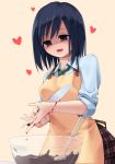  1girl apron blood blue_hair brown_eyes chocolate cooking highres knife meso-meso original solo spatula wrist_cutting yandere yellow_background 