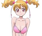  1girl bikini_top breasts brown_hair fresh_precure! looking_at_viewer manji_(tenketsu) momozono_love pink_eyes precure short_hair simple_background smile solo twintails white_background 