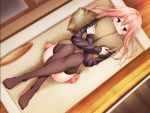  1girl blush character_request covering_mouth crossed_arms crossed_legs from_above game_cg hug long_hair long_sleeves lying official_art on_back pillow pillow_hug pink_hair red_eyes solo sono_hanabira_ni_kuchizuke_wo thigh-highs 