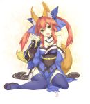  1girl animal_ears bare_shoulders blue_legwear bow breasts caster_(fate/extra) cleavage detached_sleeves fang fate/extra fate_(series) fox_ears fox_tail geta goekawa hair_bow hair_ribbon japanese_clothes pink_hair ribbon solo tail twintails yellow_eyes 