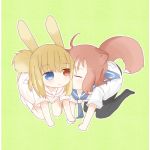  2girls animal_ears animalization blonde_hair blue_eyes blush bunny_tail couple fox fox_ears fox_tail fukuji_mihoko heterochromia kiss multiple_girls rabbit_ears redhead saki school_uniform short_hair skirt tail takei_hisa yuri 