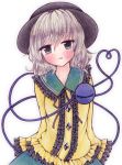  1girl bebitera blouse blush bust colored_pencil_(medium) contrapposto green_eyes hands_in_sleeves hat head_tilt heart heart_of_string highres komeiji_koishi lavender_hair looking_at_viewer millipen_(medium) parted_lips short_hair simple_background skirt solo tears third_eye touhou traditional_media white_background 