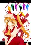  1girl absurdres alternate_eye_color ascot blonde_hair breasts colored_eyelashes crystal dress flandre_scarlet gradient_eyes hands_clasped hands_together hat hat_ribbon highres large_breasts looking_away multicolored_eyes pointy_ears red_dress ribbon side_ponytail skirt skirt_set solo take_no_ko touhou wings 
