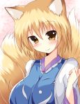  1girl animal_ears blonde_hair blush breasts bust dress fox_ears fox_tail highres large_breasts looking_at_viewer multiple_tails naba_(take_tonbo) no_hat smile solo tabard tail touhou white_dress yakumo_ran yellow_eyes 