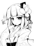  1girl ai_takurou blush flower hair_flower hair_ornament hieda_no_akyuu japanese_clothes long_sleeves looking_at_viewer monochrome short_hair simple_background smile solo touhou white_background 