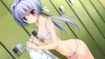  1girl berry&#039;s blue_eyes bra dutch_angle highres holding_clothes locker long_hair nanao_naru navel panties purple_hair satou_natsuki small_breasts solo underwear violet_eyes 