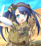 1girl assault_rifle blue_eyes blue_hair blush fn_scar gun headset highres load_bearing_vest looking_at_viewer looking_up magazine_(weapon) open_mouth original rifle smile solo weapon 