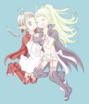  2girls ^_^ boots bow braid cape cheek-to-cheek closed_eyes dress fire_emblem fire_emblem:_kakusei garter_straps gloves green_hair knee_boots midriff mother_and_daughter multiple_girls nn_(fire_emblem) nowi_(fire_emblem) open_mouth pointy_ears ponytail silver_hair smile violet_eyes yanechika 
