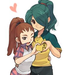  1boy 1girl aqua_hair brown_eyes hair_over_one_eye heart heart_hands heart_hands_duo inazuma_eleven inazuma_eleven_(series) kazemaru_ichirouta looking_at_viewer midou_reika no_pupils oosaka_gals open_mouth petagon ponytail raimon soccer_uniform sportswear wink 