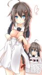  2girls ahoge apron basket blue_eyes blush braid brown_hair commentary_request dress_shirt hair_ornament hairclip heart highres if_they_mated kantai_collection long_hair looking_at_viewer mother_and_daughter multiple_girls open_mouth saku_(kudrove) shigure_(kantai_collection) shirt single_braid smile very_long_hair 