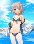  1girl bare_shoulders bikini black_bikini blue_eyes female_admiral_(kantai_collection) kantai_collection looking_at_viewer mataichi_mataro mound_of_venus navel off_shoulder open_clothes open_jacket open_mouth pink_hair short_hair side-tie_bikini small_breasts solo strap_slip swimsuit 