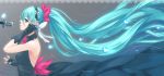  aqua_eyes aqua_hair artist_name backless benni dress gloves hair_ribbon hand_on_headphones hatsune_miku headphones long_hair microphone ribbon twintails vocaloid 