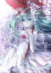  1girl dress green_hair hatsune_miku highres long_hair nevakuma_(fanfanas) solo twintails umbrella very_long_hair vocaloid 