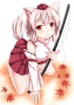  1girl animal_ears autumn_leaves bare_shoulders blush breasts detached_sleeves fuyuki8208 hat highres inubashiri_momiji large_breasts leaf looking_at_viewer pom_pom_(clothes) red_skirt shirt short_hair silver_hair skirt tail tokin_hat touhou white_shirt wolf_ears wolf_tail 