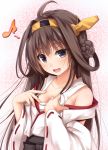  1girl ahoge bare_shoulders black_eyes breasts brown_hair cleavage hairband haryuu_(poetto) highres kantai_collection kongou_(kantai_collection) long_hair musical_note open_mouth solo 