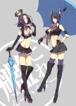  2girls adapted_costume boots breasts detached_sleeves elbow_gloves eyepatch gloves headgear highres kantai_collection mechanical_halo midriff multiple_girls navel necktie personification purple_hair racequeen short_hair smile takamine_k tatsuta_(kantai_collection) tenryuu_(kantai_collection) thigh-highs thigh_boots umbrella violet_eyes yellow_eyes 