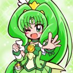  1girl ;d blush bowtie brooch clenched_hand cure_march green green_background green_eyes green_hair green_skirt guardias jewelry long_hair magical_girl midorikawa_nao open_mouth outstretched_hand ponytail precure skirt smile smile_precure! solo tri_tails wink wrist_cuffs 
