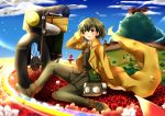  1girl brown_eyes brown_hair clouds coat dress dual_persona field flower fur_hat goggles hat hermes kino kino_no_tabi kirise long_hair motor_vehicle motorcycle rainbow reverse_trap short_hair sitting sky smile tomboy vehicle village weapon 